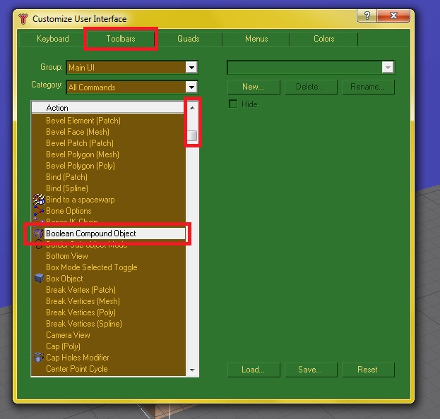 Toolbars tab with Boolean Compound Object listed